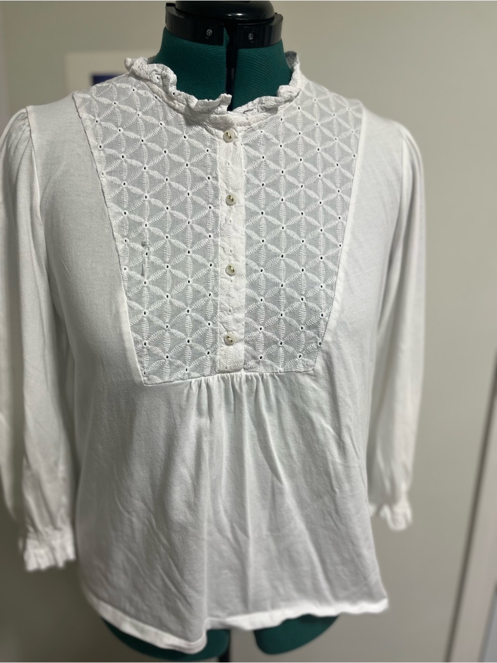 Tommy Hilfiger White Eyelet Panel Ruffled-Neck Blouse